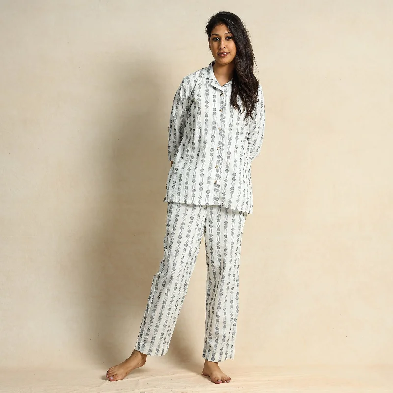 White - Jacquard Cotton Top & Pyjama Night Suit Set