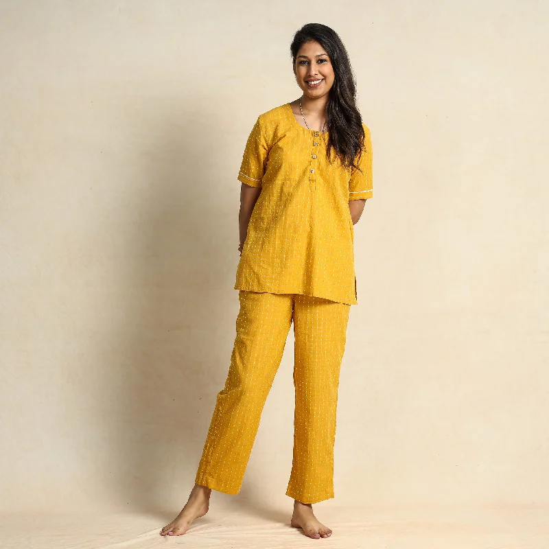 Mustard Yellow Jacquard Cotton Top & Pyjama Night Suit Set