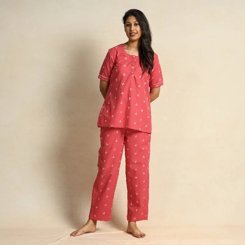 Pink Jacquard Cotton Top & Pyjama Night Suit Set