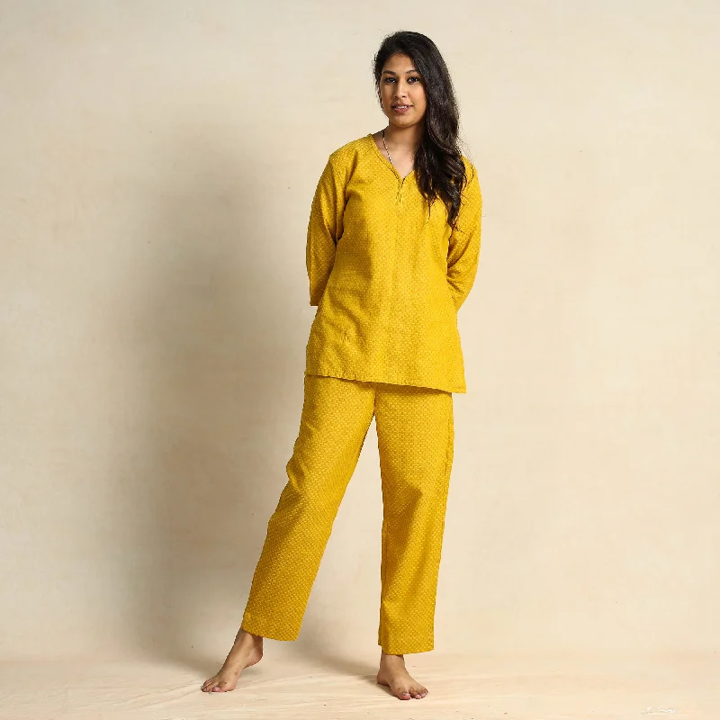 Mustard Yellow Jacquard Cotton Top & Pyjama Night Suit Set