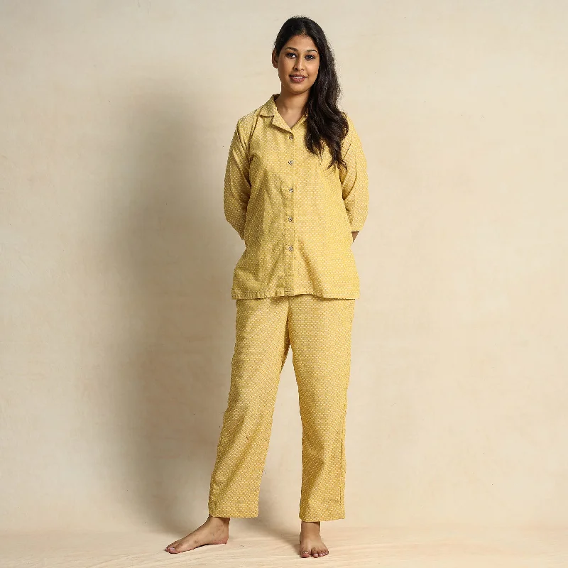 Yellow - Cream - Jacquard Cotton Top & Pyjama Night Suit Set