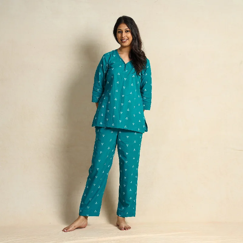 Blue - Jacquard Cotton Top & Pyjama Night Suit Set