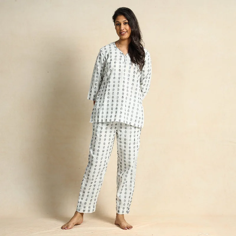 White Jacquard Cotton Top & Pyjama Night Suit Set