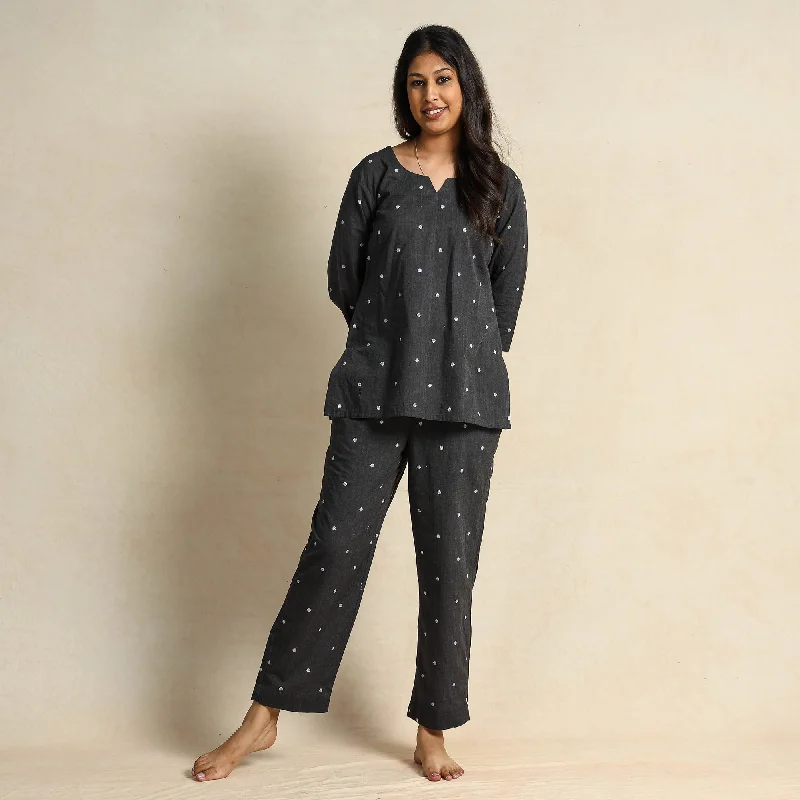 Dark Grey - Jacquard Cotton Top & Pyjama Night Suit Set