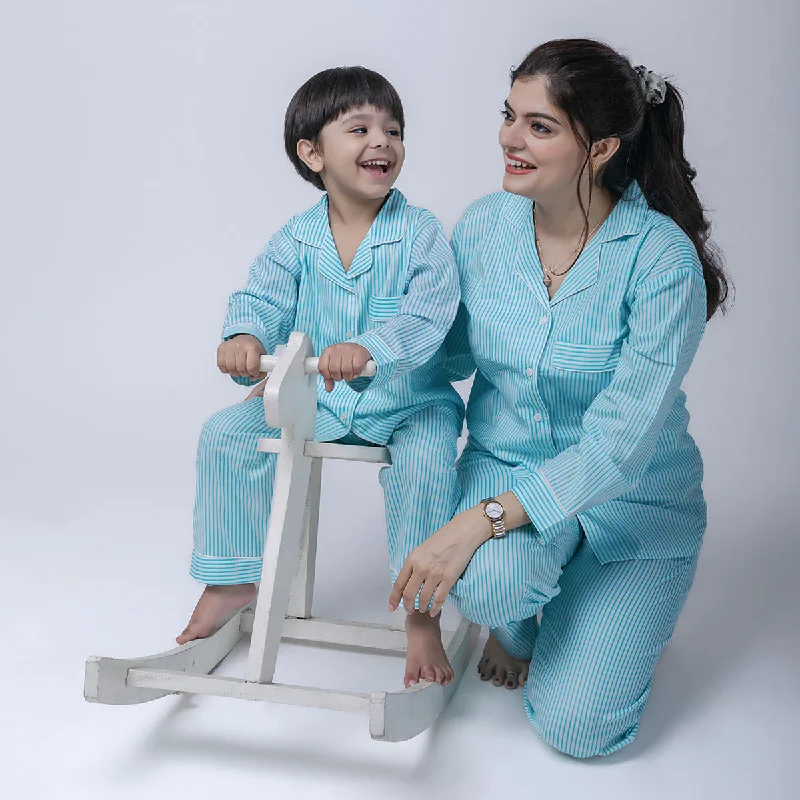 Cotton Pajama Set For Women | Striped | Aqua Blue