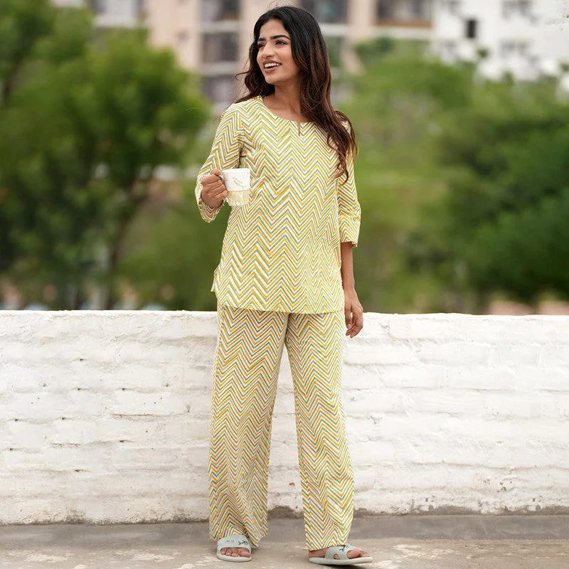 Cotton Lounge Set for Women | Swivel Block Print | Mustard