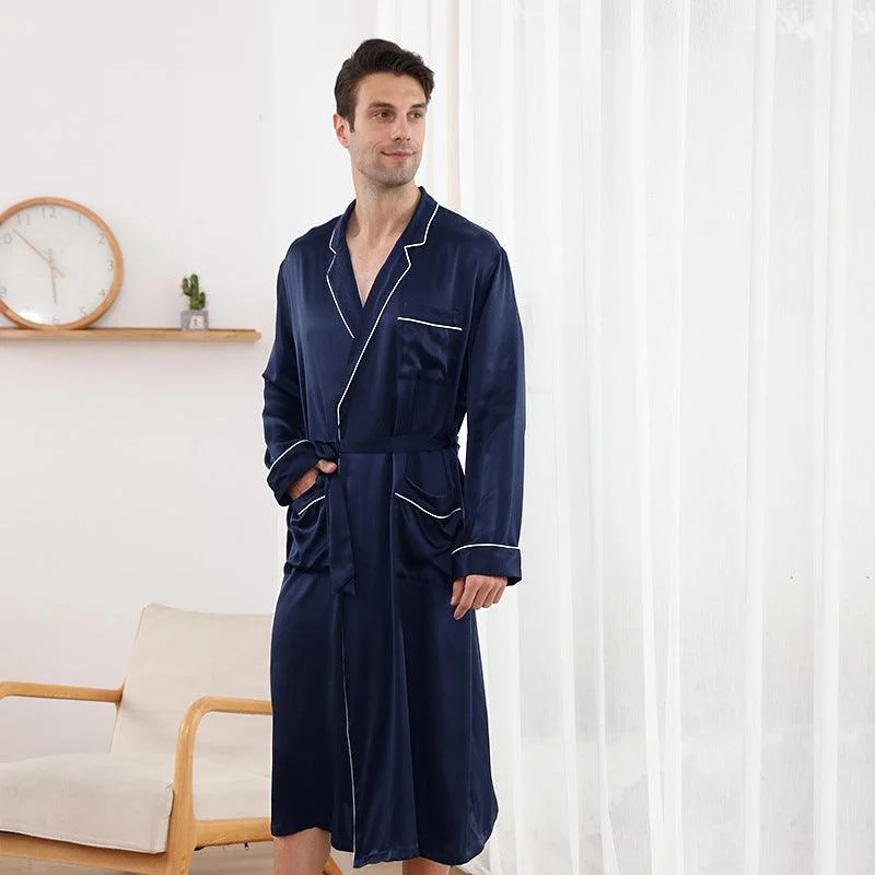 100% Mulberry Silk Robe For Mens Classic Long Sleeves Silk Bathrobe Sleepwear With White Piping