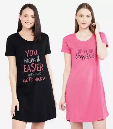 Women Night Dress Half Sleeve Combo (Black, Pink)