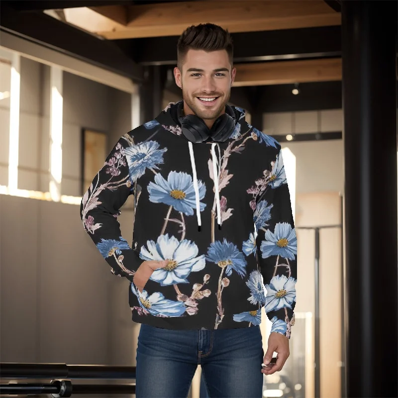 Black with Blue Colored Flowers Men's Pullover Hoodie