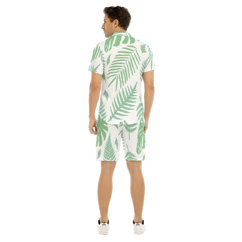 Simple Jungle Leaf Print Men's Short Sleeve Shirt Set