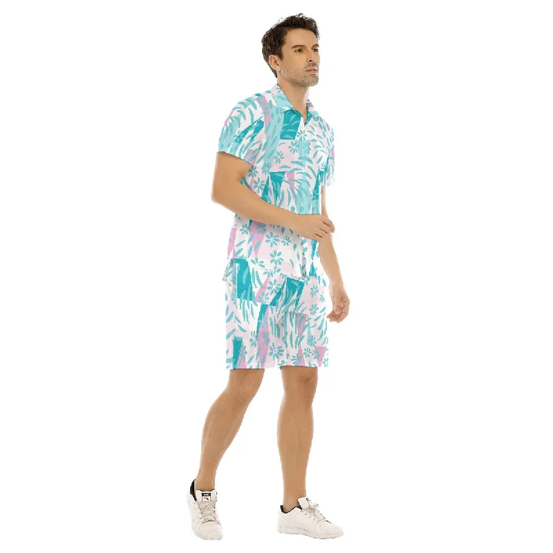 Geometric Leaves Pattern Men's Short Sleeve Shirt Set