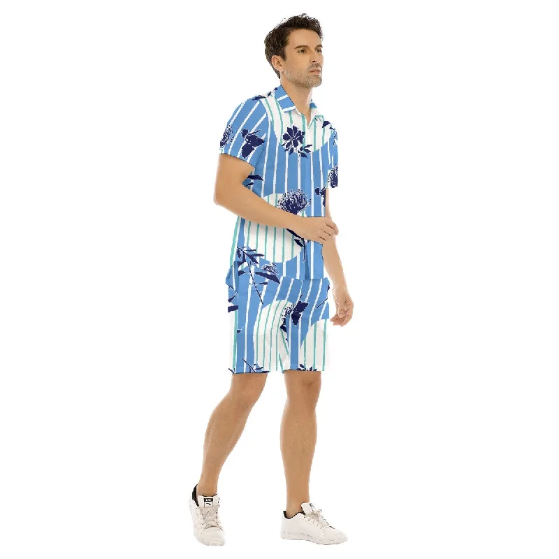 Blue Stripe Abstract Plants Men's Short Sleeve Shirt Set