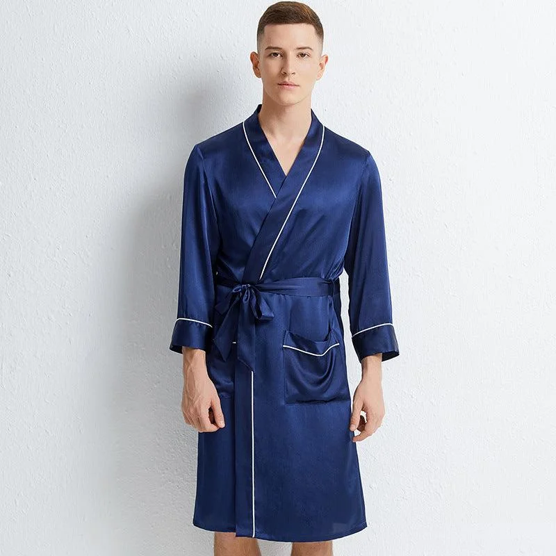 Luxury Comfortable 100% Mulberry Silk Robe For Mens Long Sleeves Silk Bathrobe Sleepwear