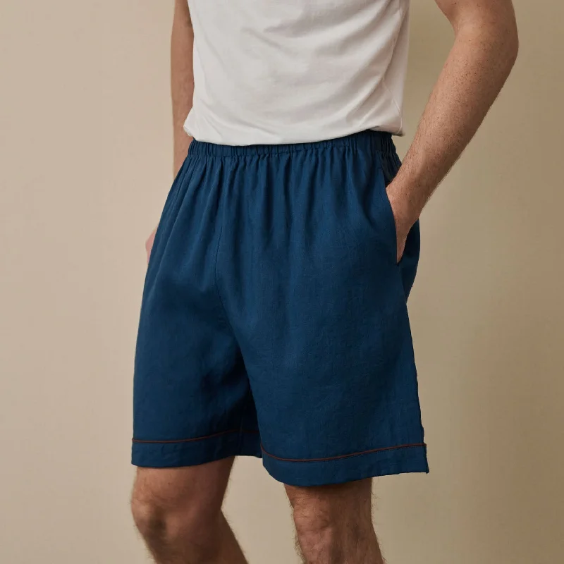 Marine Blue Linen Men's Pyjama Shorts