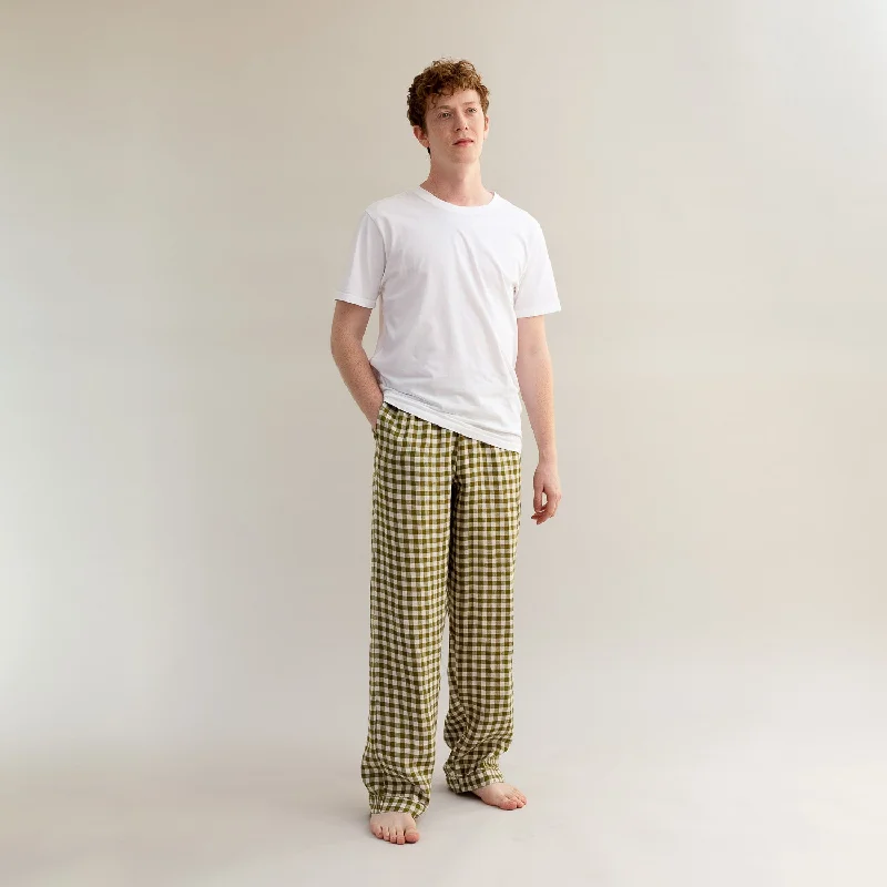 Men's Botanical Green Gingham Linen Pyjama Trousers