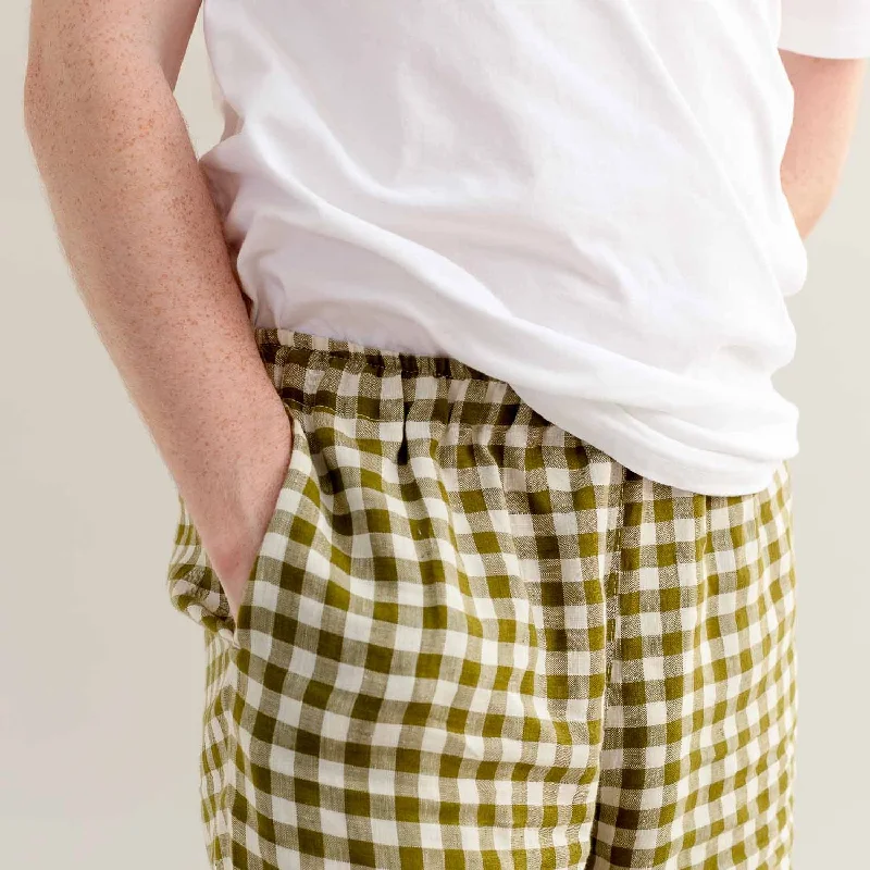 Men's Botanical Green Gingham Linen Pyjama Trousers