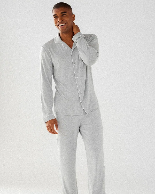 Modal Button Up Long Pyjama Set - Grey