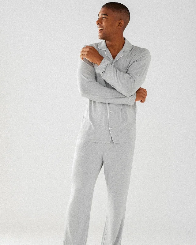 Modal Button Up Long Pyjama Set - Grey