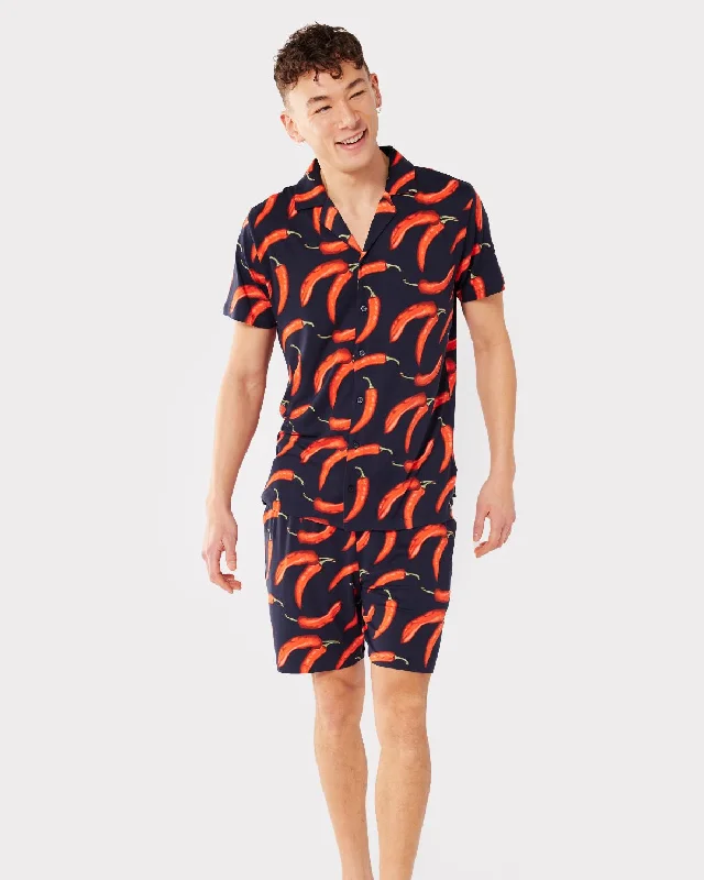 Men's Navy Chilli Print Button Up Short Pyjama Set