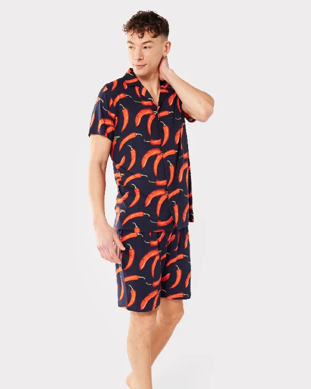 Men's Navy Chilli Print Button Up Short Pyjama Set