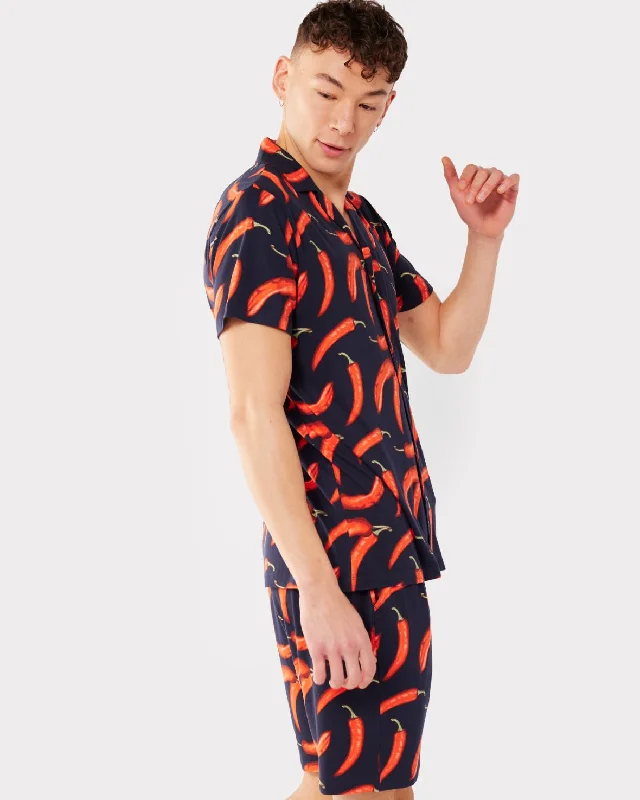 Men's Navy Chilli Print Button Up Short Pyjama Set