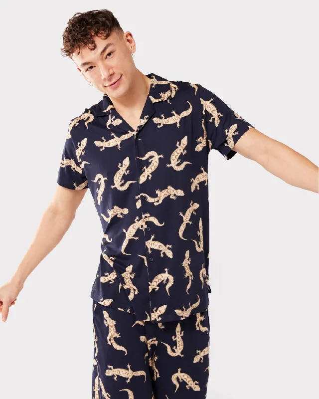 Men's Navy Gecko Print Button Up Short Pyjama Set