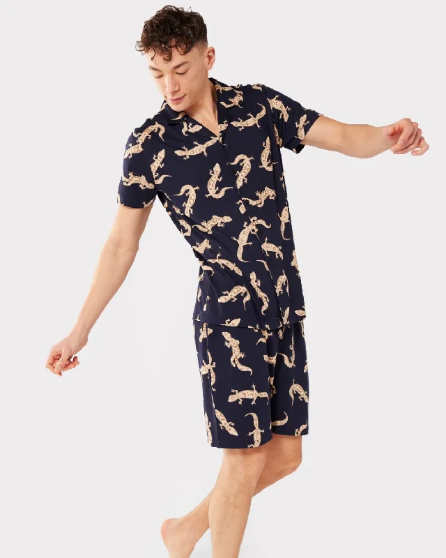 Men's Navy Gecko Print Button Up Short Pyjama Set