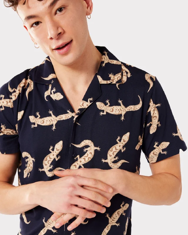 Men's Navy Gecko Print Button Up Short Pyjama Set