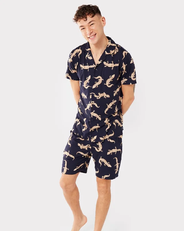 Men's Navy Gecko Print Button Up Short Pyjama Set