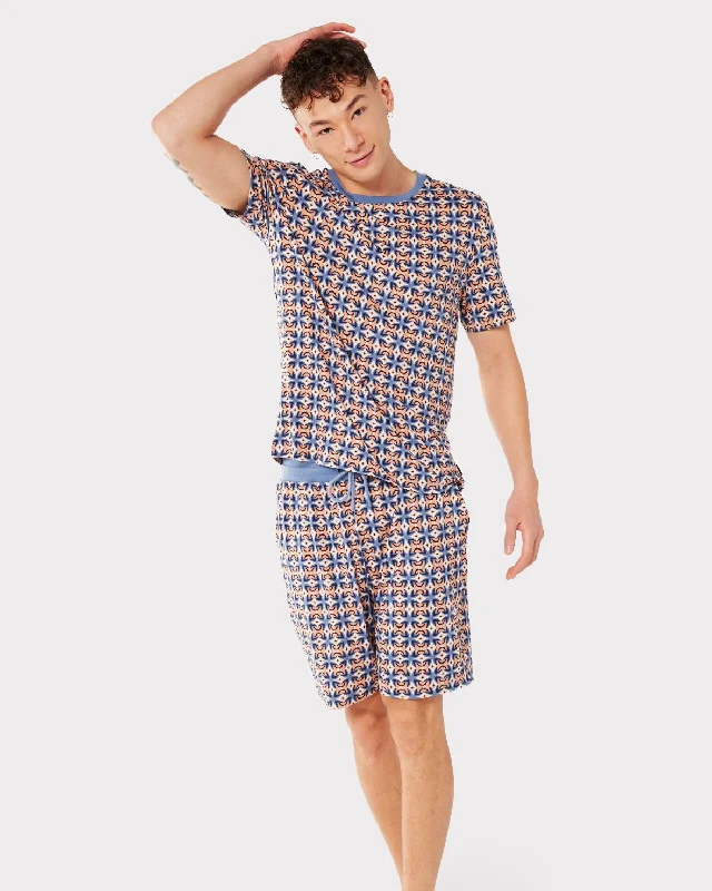 Men's Orange & Navy Retro Tile Print Short Pyjama Set