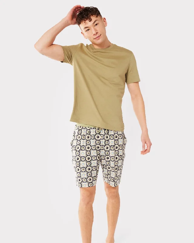 Men's Olive T-shirt & Sun & Moon Tile Print Short Pyjama Set