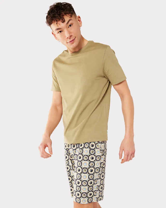 Men's Olive T-shirt & Sun & Moon Tile Print Short Pyjama Set