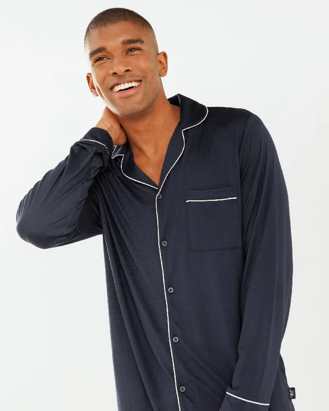 Men's Navy Modal Button Up Long Pyjama Set