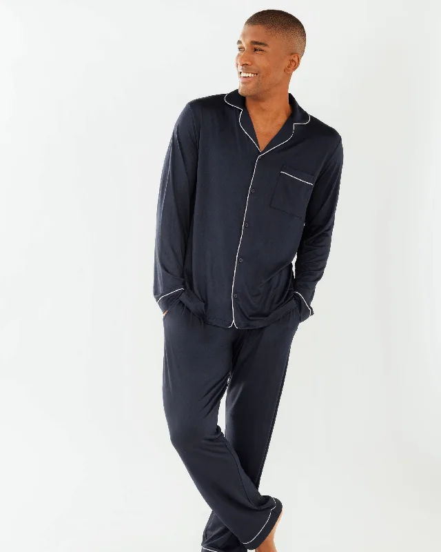 Men's Navy Modal Button Up Long Pyjama Set