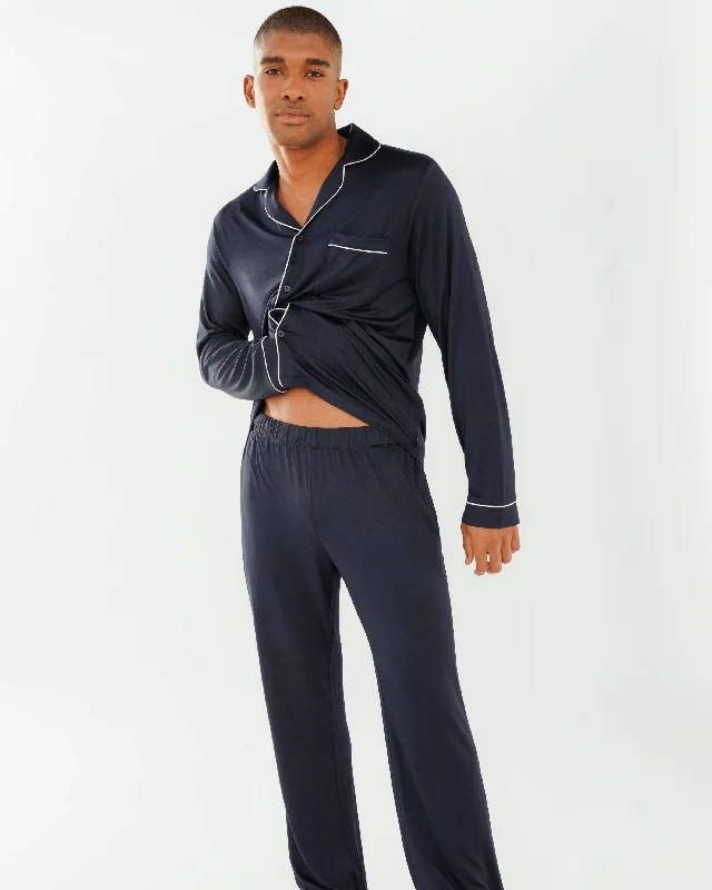 Men's Navy Modal Button Up Long Pyjama Set