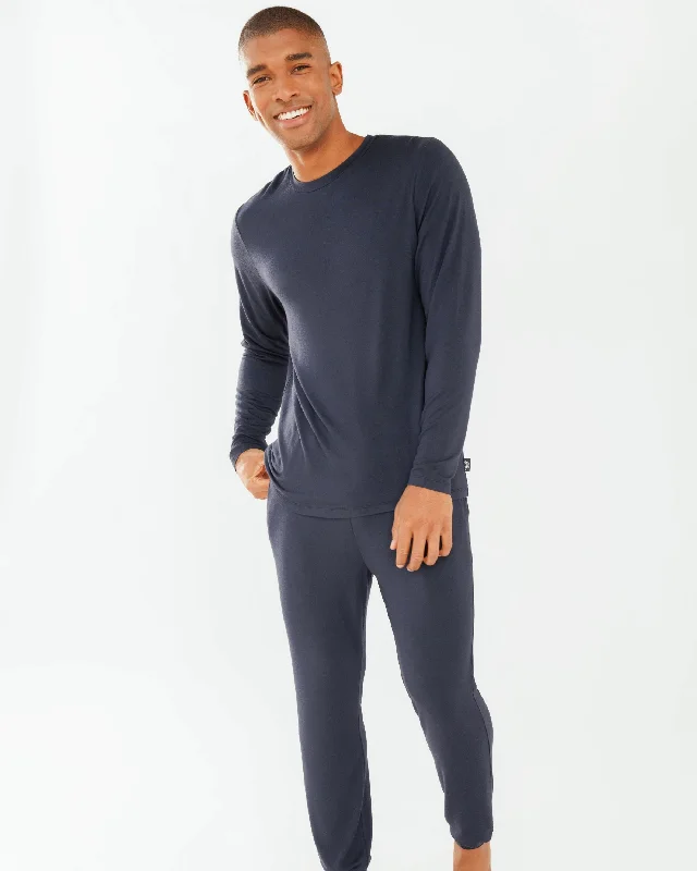 Men's Navy Modal Crewneck Long Pyjama Set