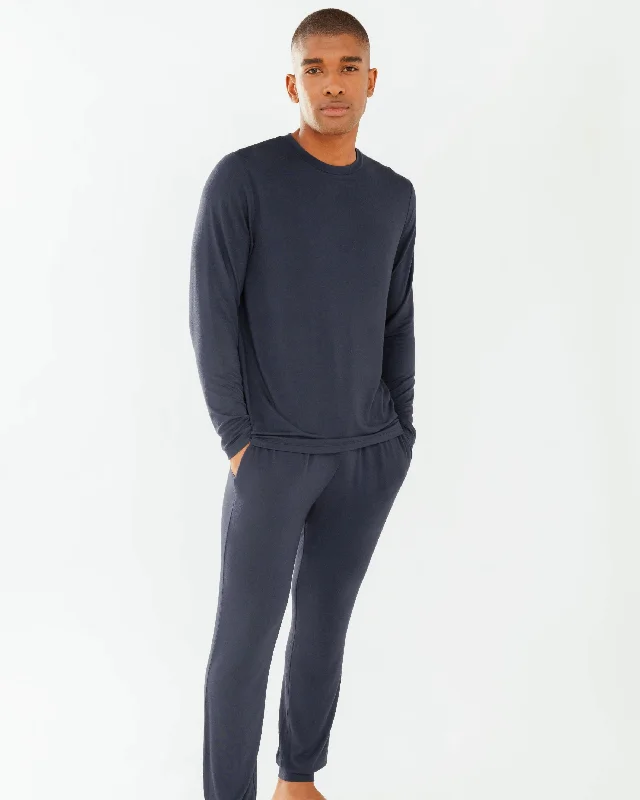 Men's Navy Modal Crewneck Long Pyjama Set