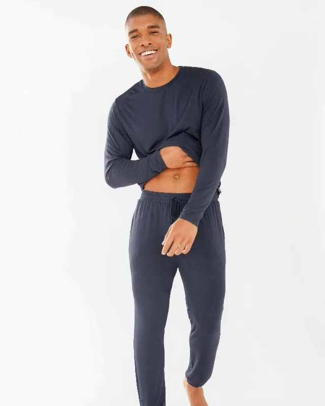 Men's Navy Modal Crewneck Long Pyjama Set