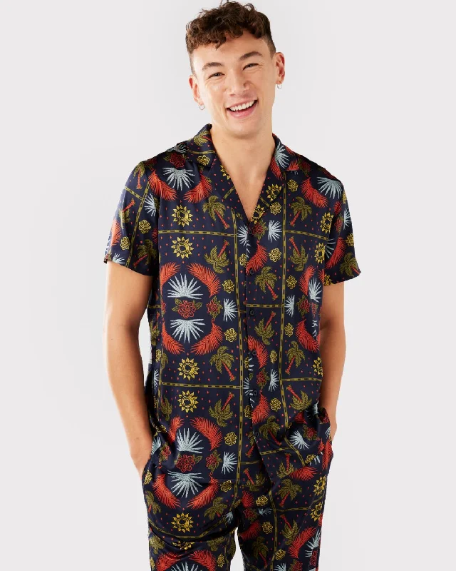 Men's Satin Navy Tile Palm Print