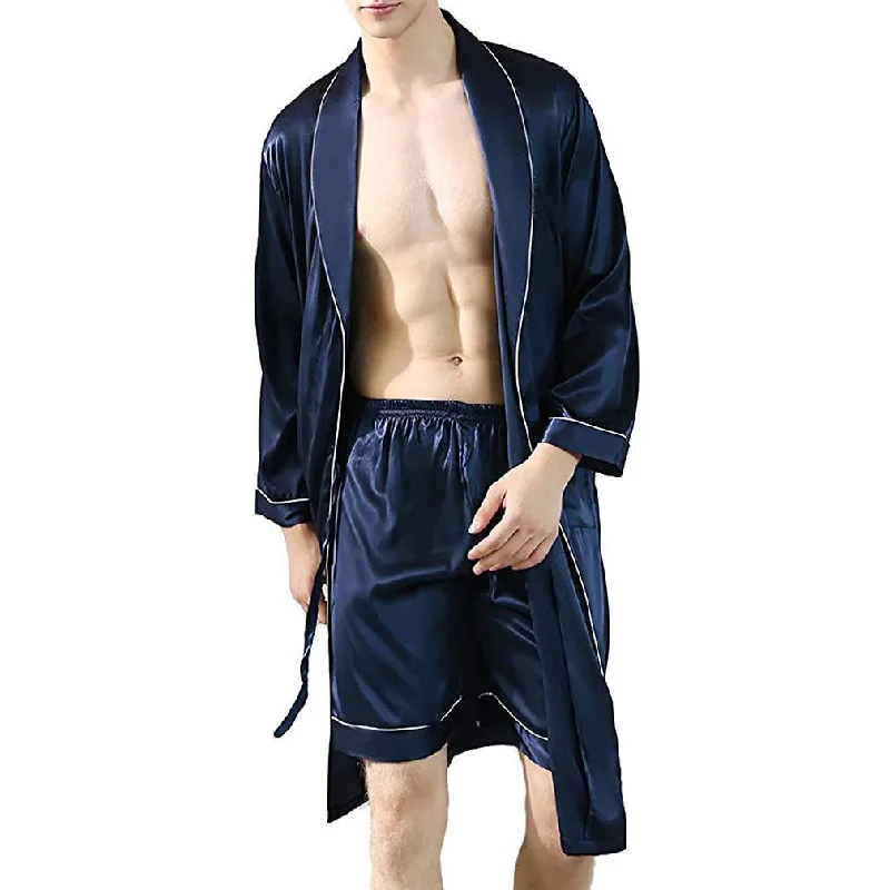 Men's Silk Bathrobe  Silk Robe Silk Sleepwear Casual Silk Kimono Robe with Shorts