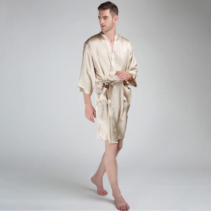 Men's Silk Robe Luxury Pure Mulberry Silk Sleepwear with Pockets