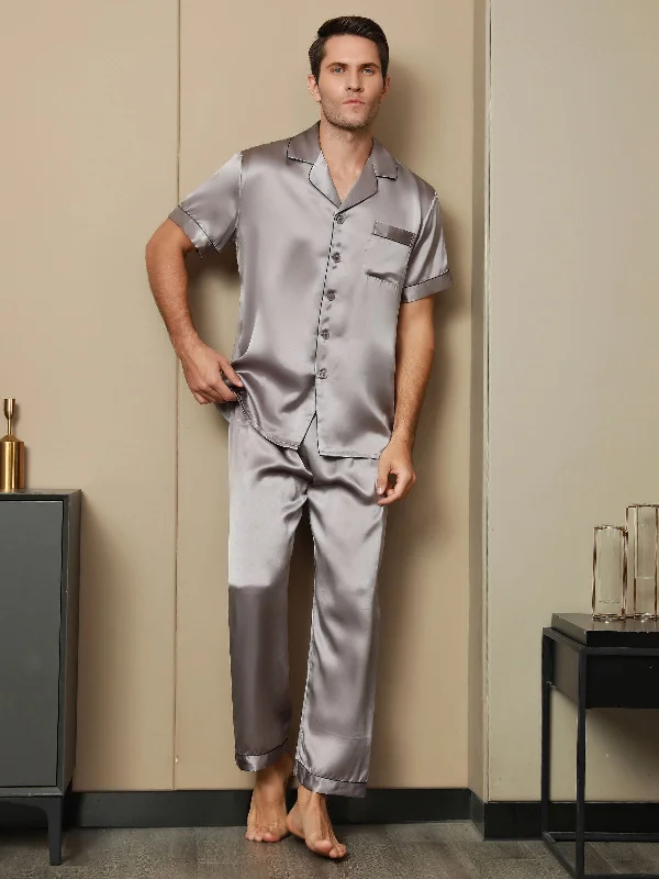 Piping Trim Men‘s Pure Silk Pajama Set 2Pcs