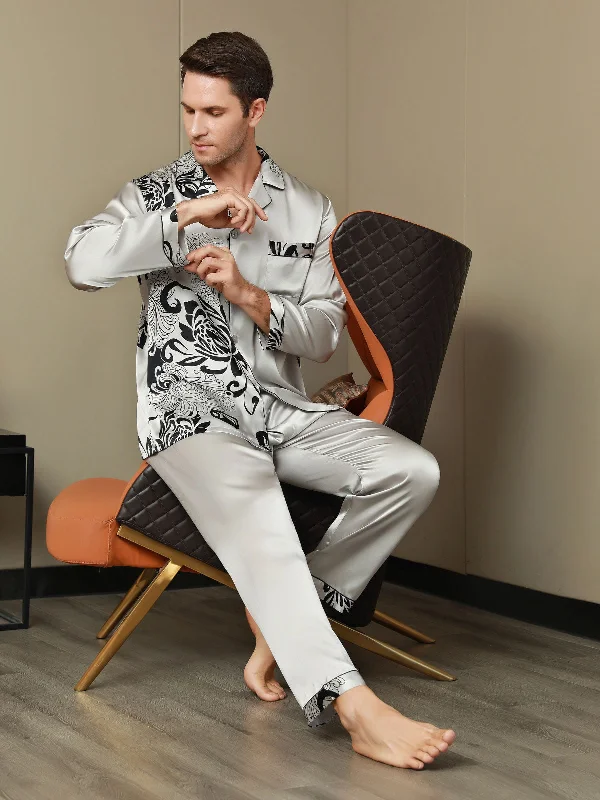 Pure Silk Men‘s Floral Printed Lapel Pajama Set