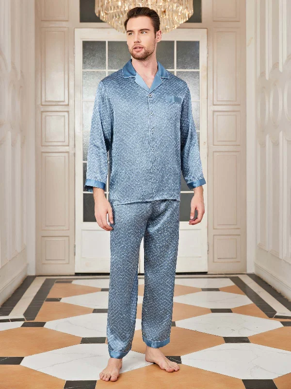 Pure Silk Printed Lapel Men‘s Pajama Set