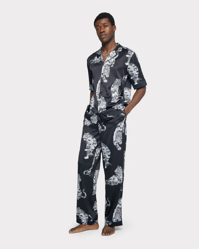 Satin Lotus Tiger Print Long Pyjama Set - Black