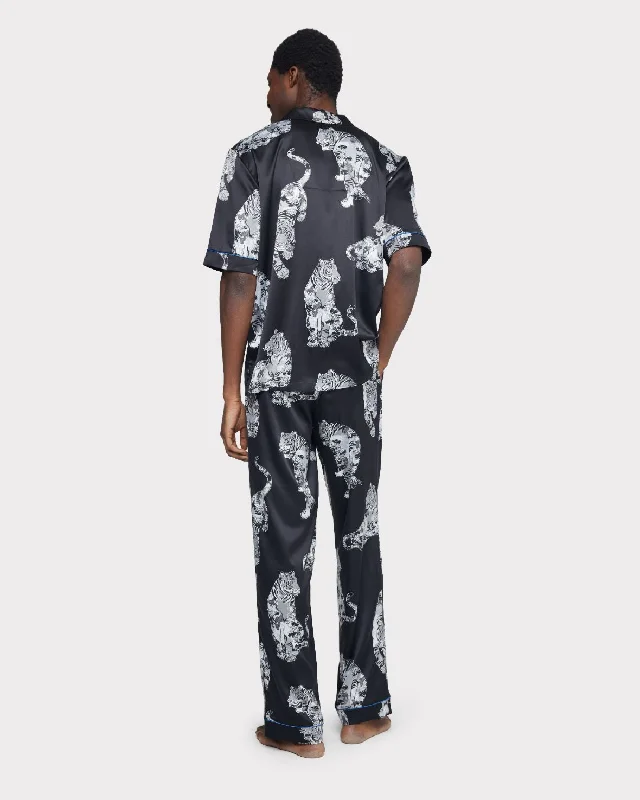 Satin Lotus Tiger Print Long Pyjama Set - Black