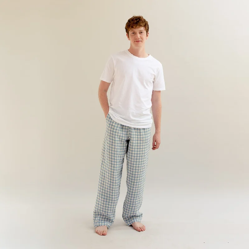 Men's Warm Blue Gingham Linen Pyjama Trousers