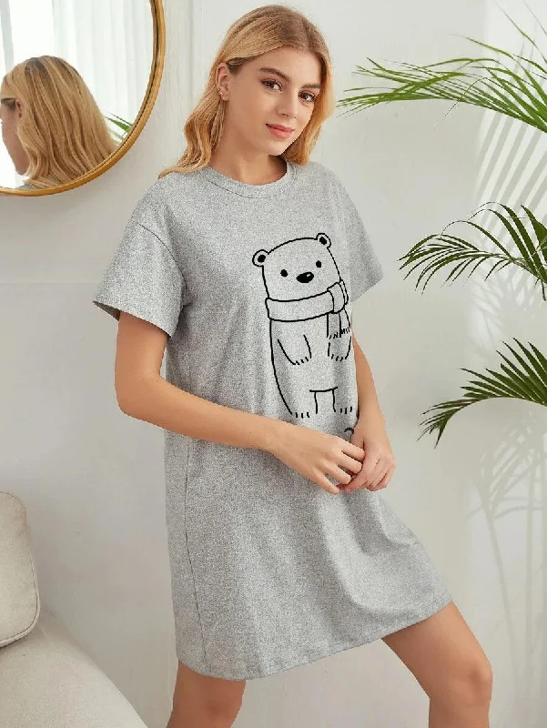 Women Half Sleeve Printed Nighty_(Grey)