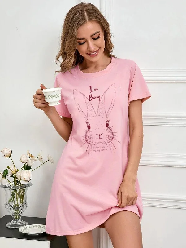 Women Half Sleeve Printed Nighty_(Pink)