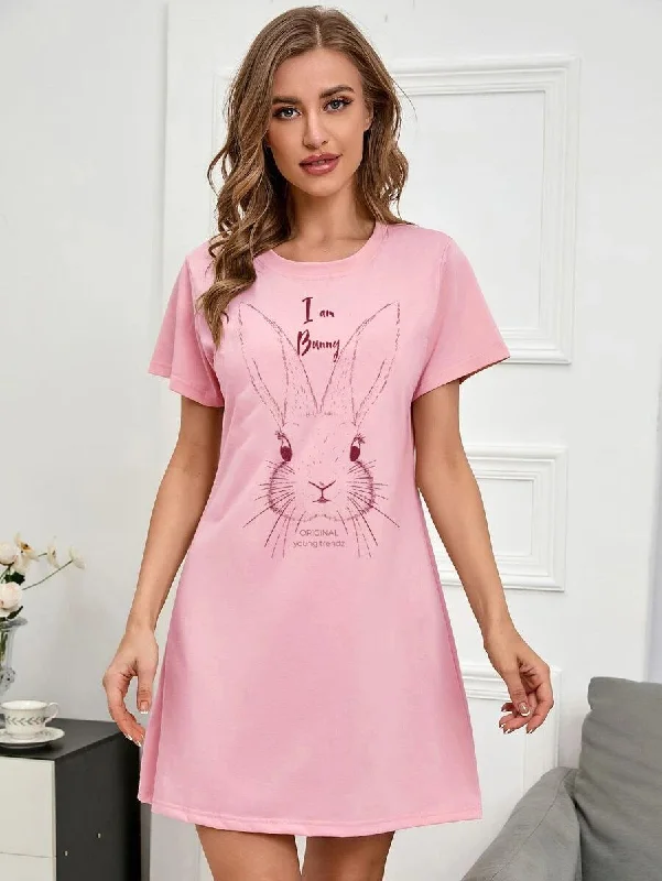 Women Half Sleeve Printed Nighty_(Pink)